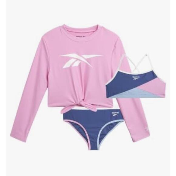 Reebok Girls' Rash Guard Set - 3 Piece UPF 50+ Long Sleeve Swim XL size 12 (New) - Picture 1 of 6
